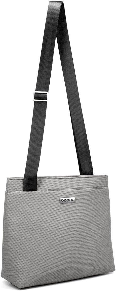 Small light grey cross-body bag with light inside. With 2 inside slip pockets and adjustable seatbelt strap.