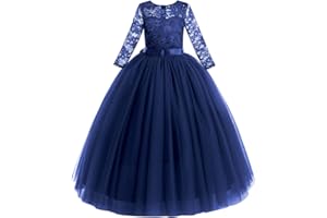 IWEMEK Flower Girls Long Lace Bridesmaid Dress 3/4 Sleeves Floor Length Wedding Party Evening Formal Pegeant Maxi Tulle Ball Gowns