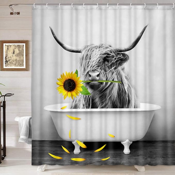 Farmhouse Shower Curtain Highland Cow Bull in Bathtub Sunflower Shower Curtains Set, Western
