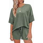 Andeip Pajamas Womens Waffle Knit Lounge Set Short Sleeve Top and Shorts 2 Piece Loungewear Outfits Pj Sets with Pockets
