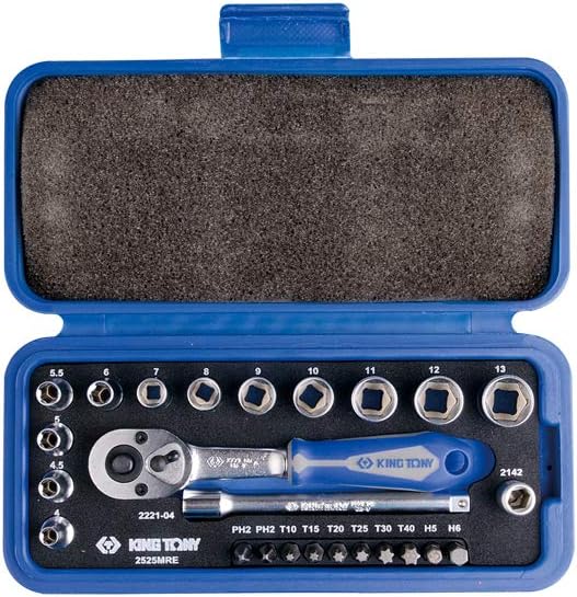KING TONY 2525MRE Ratchet and Socket Set, 1/4-inch, Multicolor