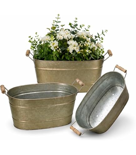 Discount Garden Statues Gegalvaniseerde Vintage Dolly Tub | Grote metalen stalen zink tuin bloempot trog plantenbak S, grijs, 42cm hoog, 29cm diameter, (HG1499SMA