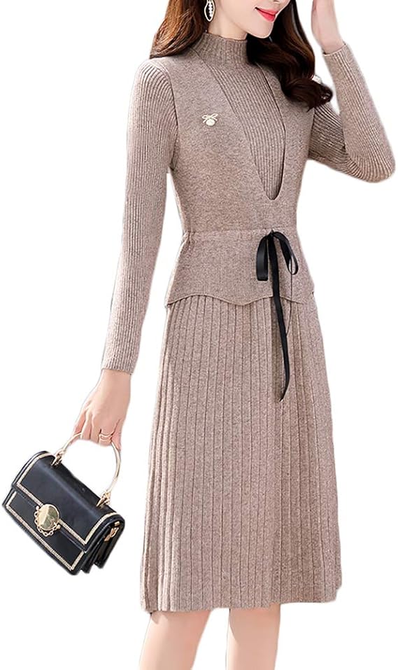 Amazon Habille ﾊﾋﾞｰ レディース ニットワンピース レイヤードニット ニットベスト ビスチェ ハイネック ウエスト リボン M 2xl おまけ付 4カラー ワンピース チュニック 通販