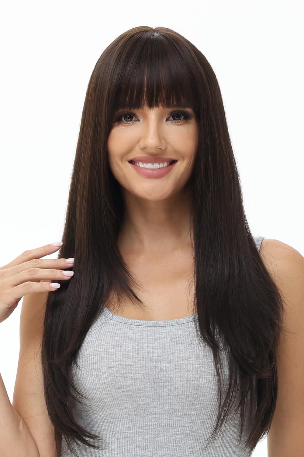 BUYOGET Long Wigs for Women with Fringe Adjustable Straight Synthetic Hair Wig Cosplay Daily Use Wigs 24 inch Dark Brown