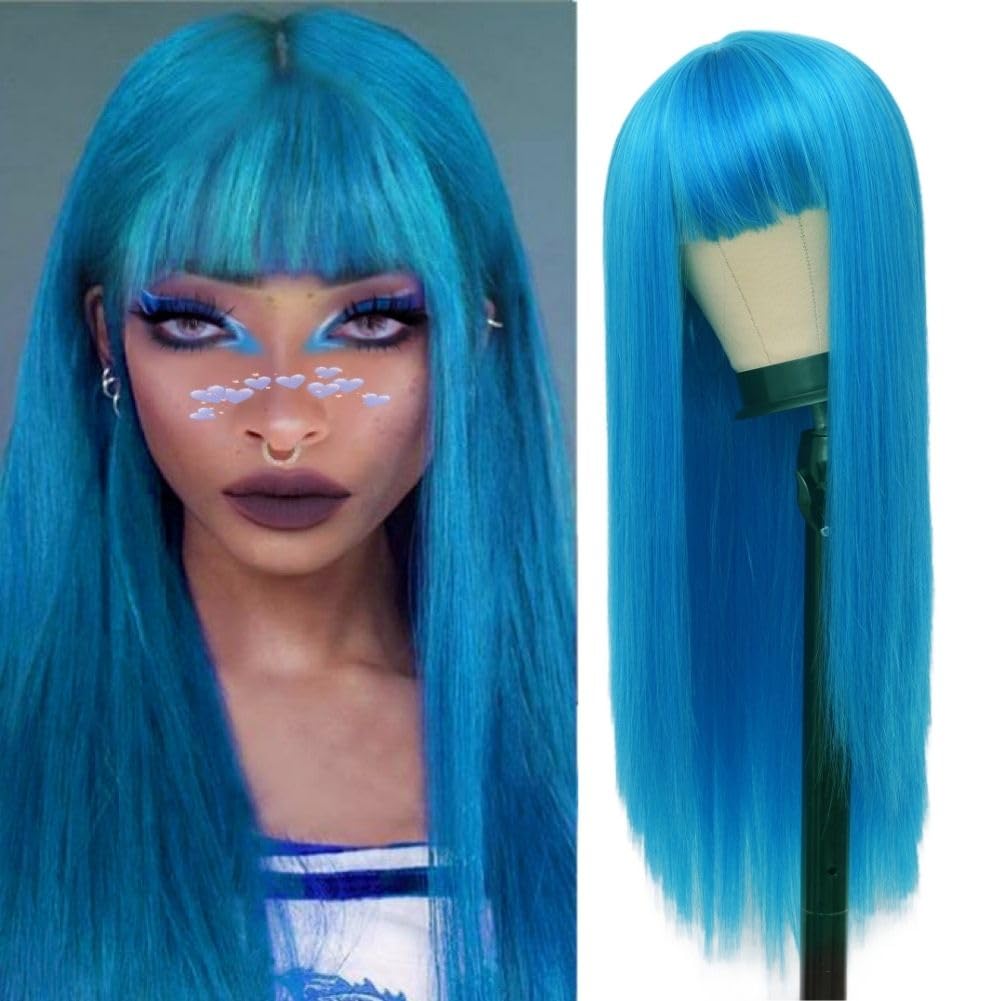 Siudus Blue Wig with Bangs Long Straight Womens Heat Resistant Fibre Wig Natural Cosplay Costume Halloween Party Hair Wig — image 1
