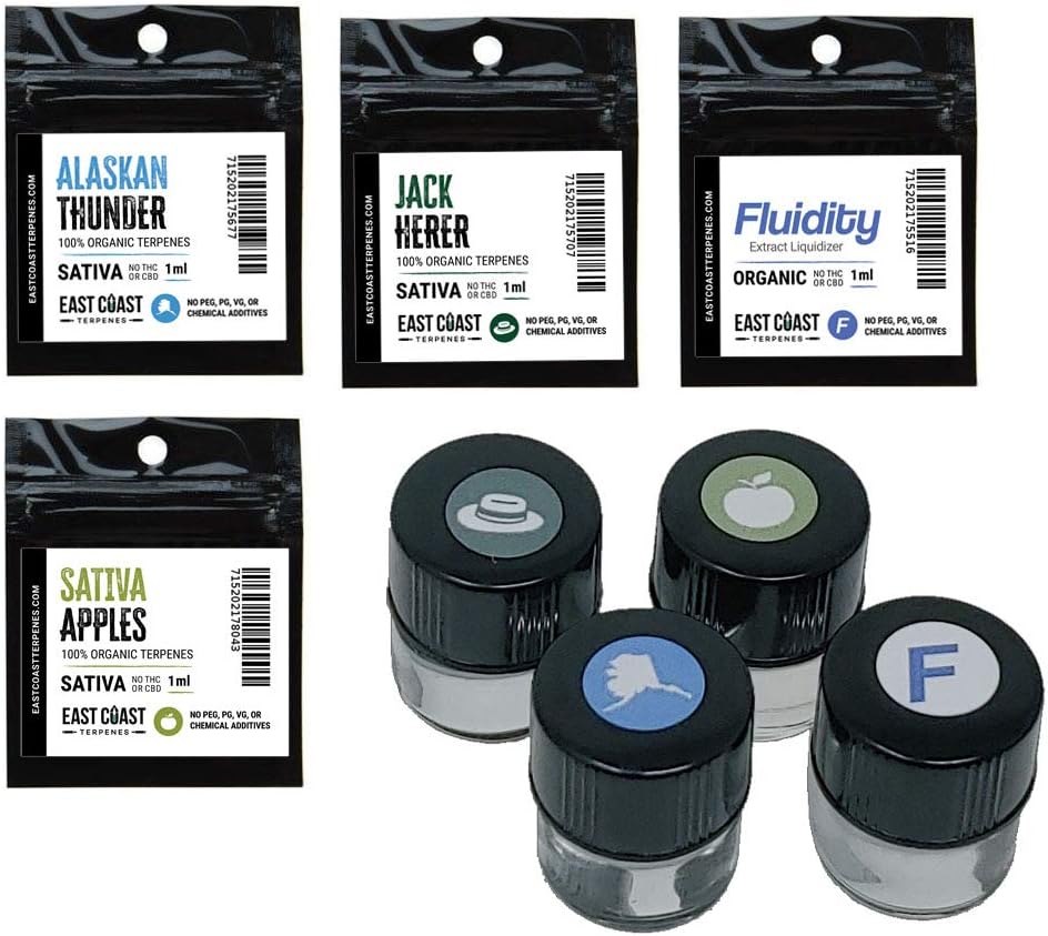 East Coast Terpenes - Sativa Bundle - Apples, Jack Herer, Alaskan Thunder & Fluidity Unflavored Extract Liquidizer - 1 ml X 4 - Pure Organic Solution