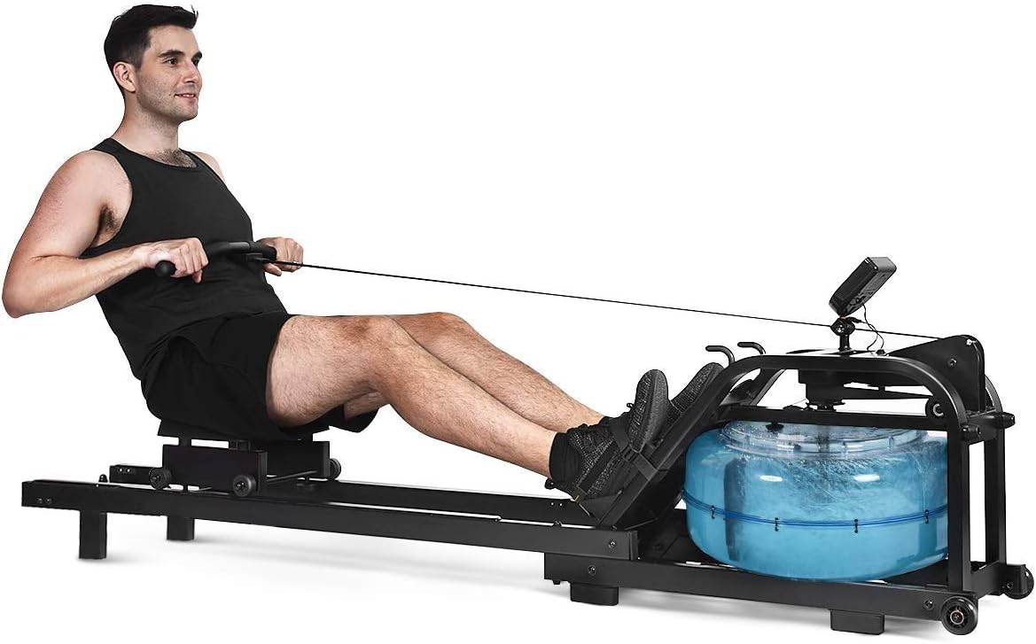 TINSAHW Adjustable Water Resistant Rower With LCD Screen & Moving Wheels, Max Weight 265 Lbs Workout Rowing Machine for Whole Body Exercise, Home/Gym