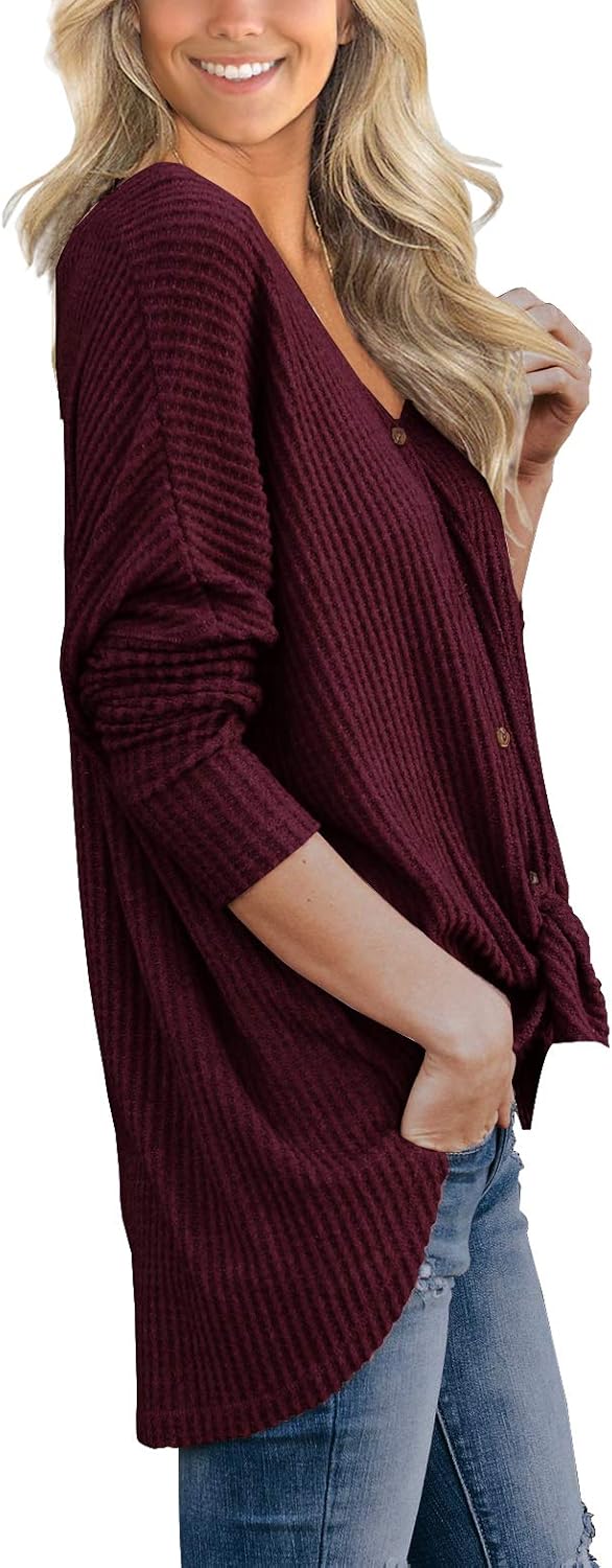 IWOLLENCE Womens Waffle Knit Tunic Blouse Tie Knot Henley Tops Loose Fitting Bat Wing Plain Shirts at  Women’s Clothing store