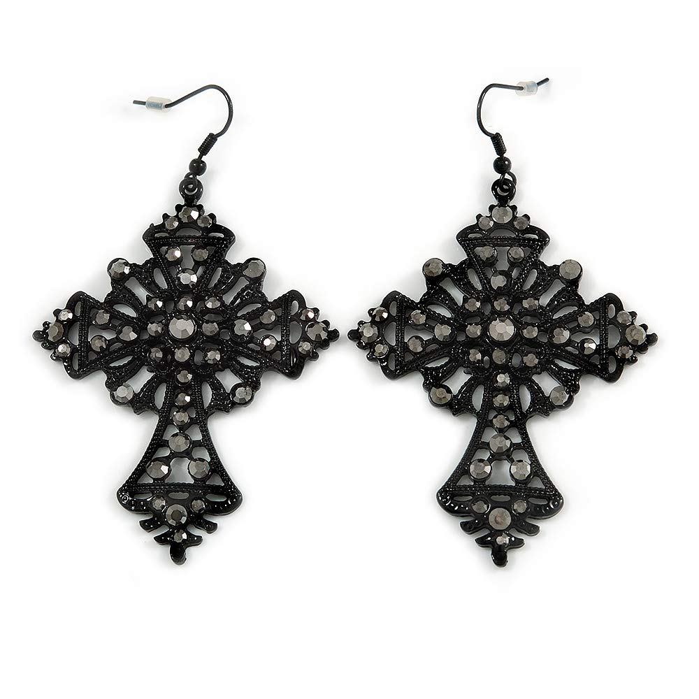 Statement Large Victorian Style Hematite Crystal Cross Drop Earrings/Black Tone/ 80mm L