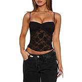 Women Y2k Lace Trim Mesh Tank Top V-Neck Sleeveless Corset Going Out Tops Backless Bow Spaghetti Strap Cami Shirts