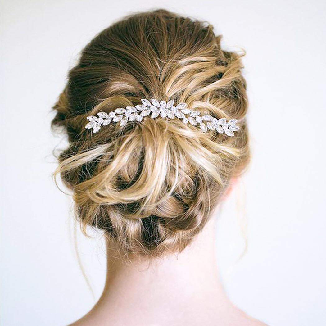 Drecode Bridal Wedding Hair Combs Silver Rhinestone Hair Accessories Silver Leaf Headpiece for Women and Girls