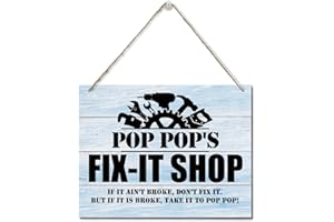 AUII JO DESIGN Rustic "Pop Pop's Fix-It Shop If It Ain't Broke, Don't Fix It." Wall Art Sign, Hanging Printed Wall Plaque Wood Signs, Farmhouse Decor, Home Decor, Father's Day Gift for Grandpa 10 X 7.8 inch