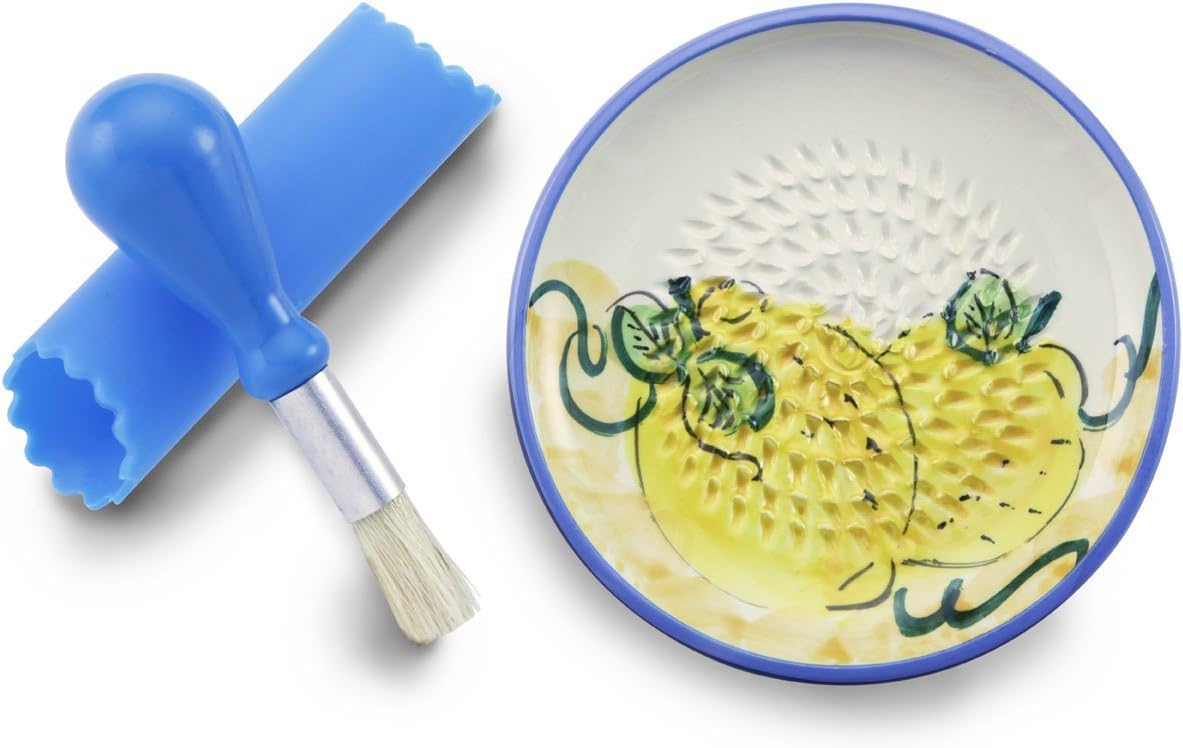 Handcrafted Ceramic Garlic Grater Plate Set by Gourmet Grater | w/Ceramic Grater Plate, Silicone Garlic Peeler, Handy Kitchen Brush | Handmade in Spain | Nuevo Citron Pattern, 5.25” Round Size