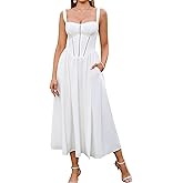 KUTUMAI Floral Corset Midi Dress Flowy Slit Summer Spring Wedding Guest Dresses for Women Sundress with Pockets