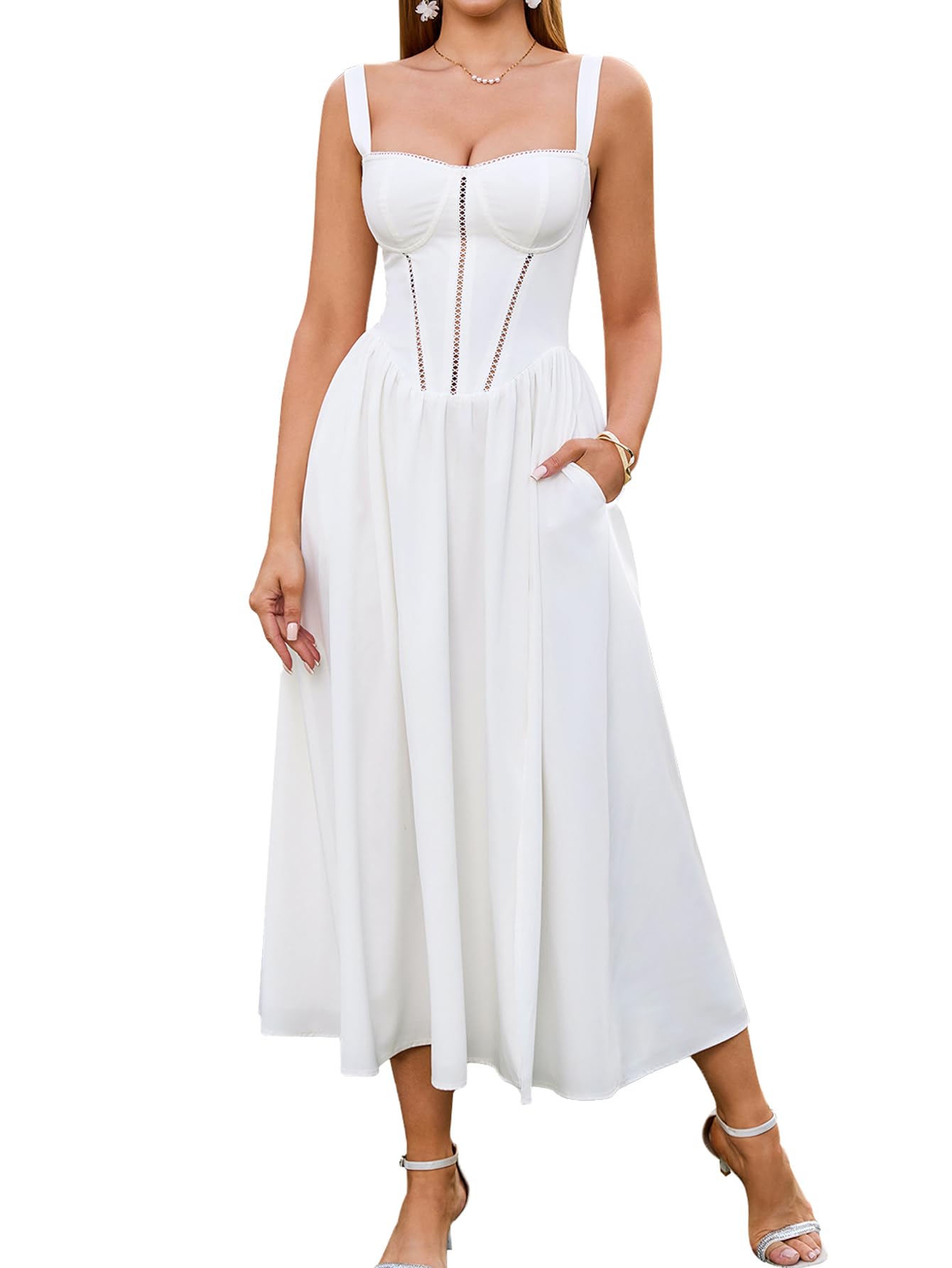 Photo 1 of *NOT SAME AS STOCK PHOTO, SEE NOTES** Floral Corset Midi Dress Flowy Slit Summer Spring Wedding Guest Dresses for Women Sundress with Pockets White L