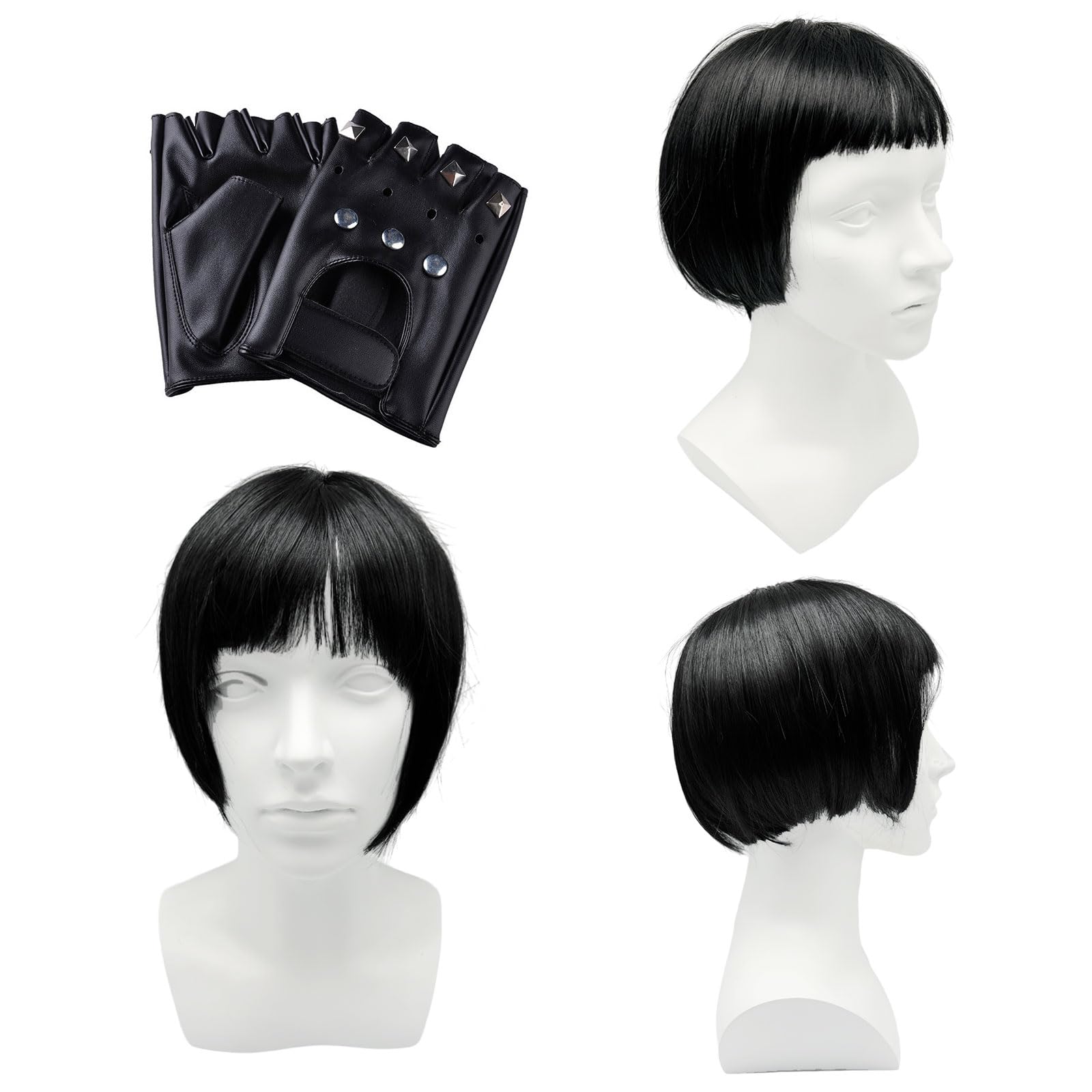 UILYNIU Black Bob Wig Studded Gloves Short Bob with Fringe Short Synthetic Straight Wig for Women Adults TV Character Ladies Glamour Wigs Fancy Dress Adult Dress Up Wigs