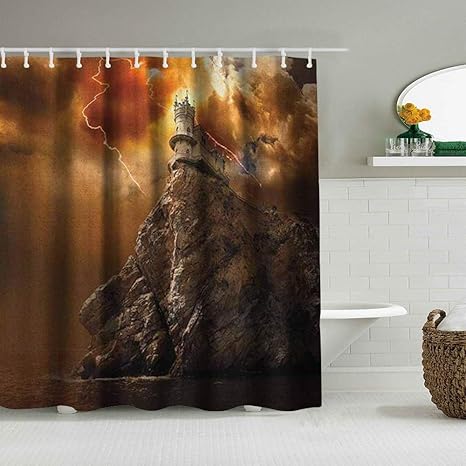 JIOLK Personalisierter Duschvorhang,Cooles rustikales Fantasy-Schloss