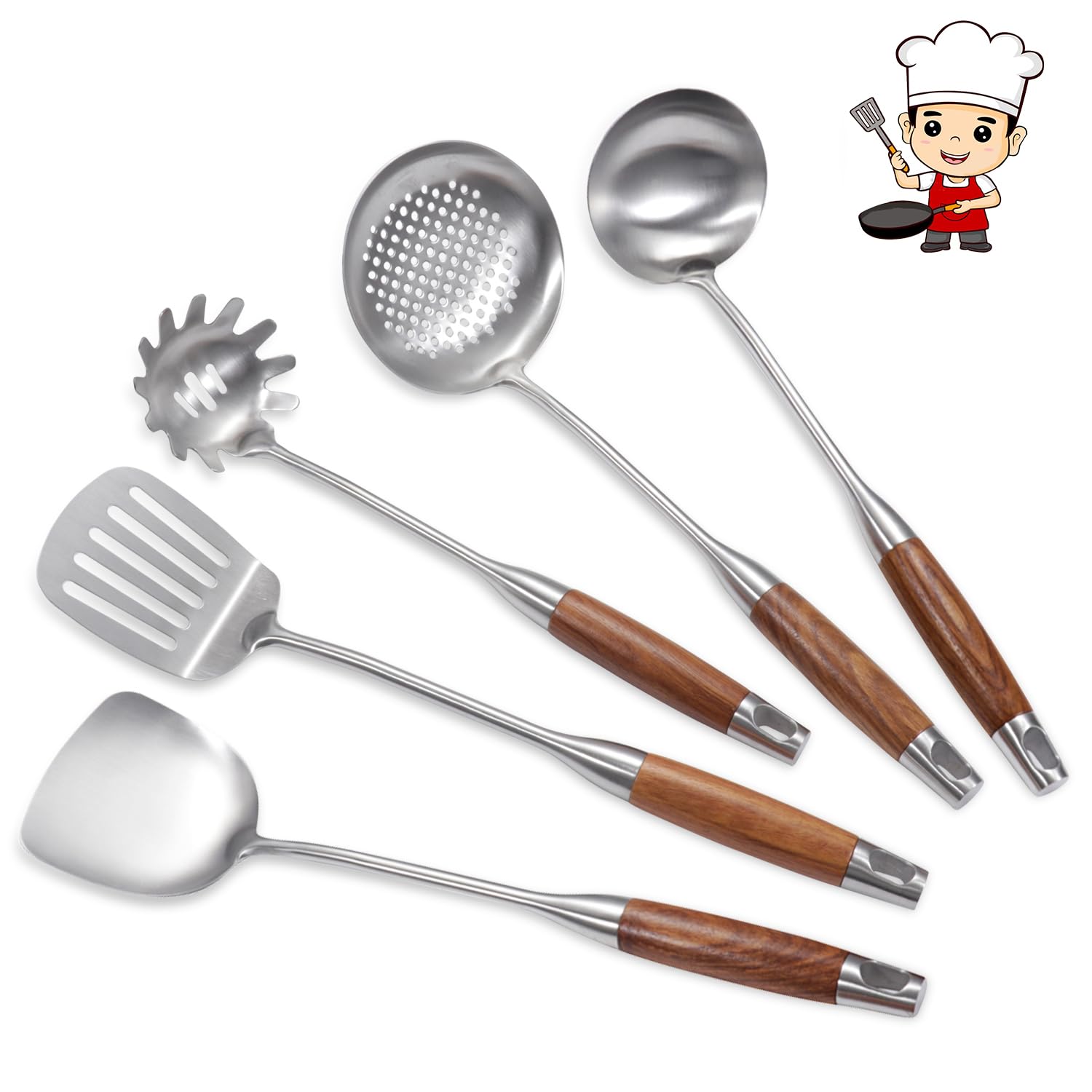 YFWOOD Kitchen Utensils Set, 5-Piece Stainless Steel Spatula Set, Skimmer, Pasta Spoon, Wok Spatula, Serving Spoon, Ladle, Wooden Handle, Dishwasher-Safe