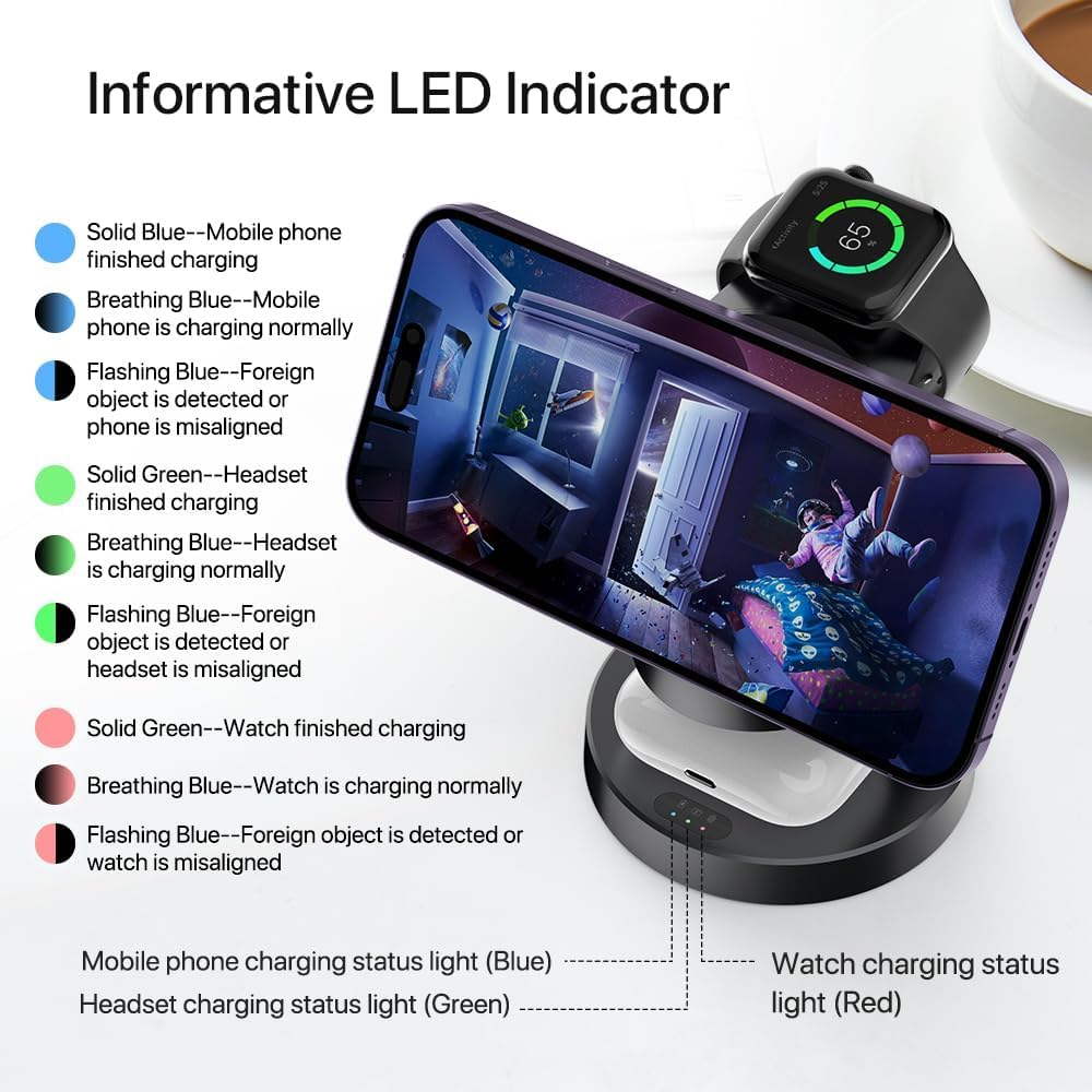 Ladestation Apple Watch und iPhone, 3 in 1 Induktive Ladestation mit Magsafe Ladegerät Wireless Charger Kompatibel mit iPhone 17 16 15 14 13 12 Air/Pro Max,für Apple Watch und AirPods (Schwarz) 4