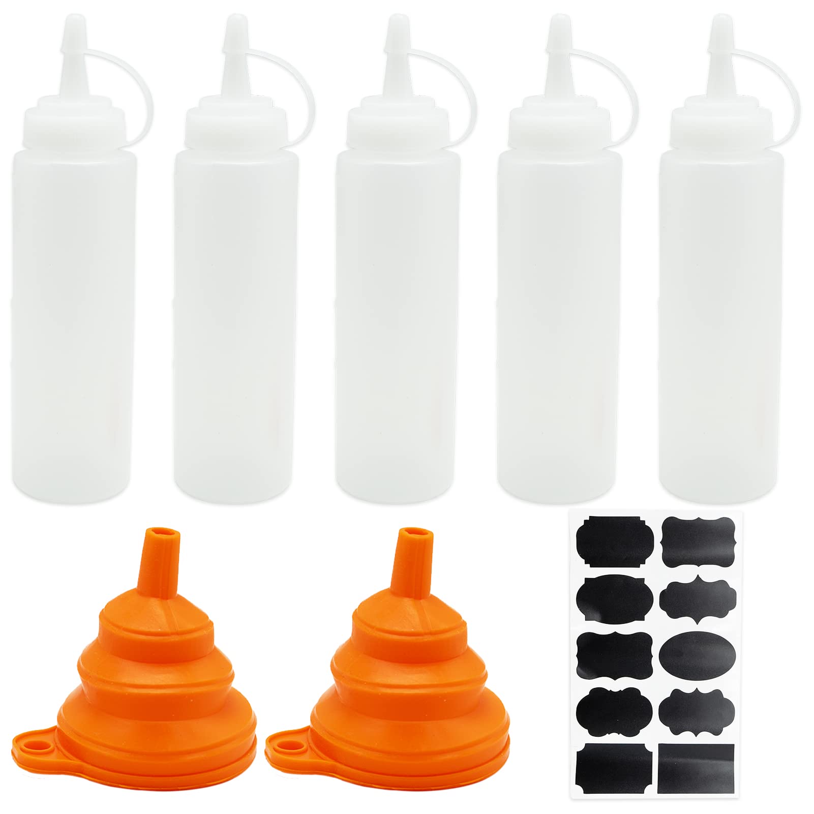 5 Pcs Sauce Reusable Plastic Bottle Dispensers, 8 Oz Squeezy Squirt Bottles for Ketchup, Mustard, Hot Sauces, Oil with Funnel, Sticker Label(250ml)