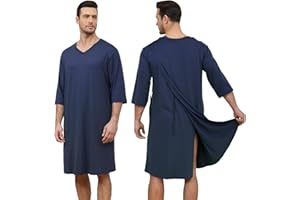 Liokoc Soft Elastic Men's Hospital Gown with Shoulder Snaps, Waist Drawstring, Side Pockets, Patient Gown for Men