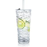 Puraville 18oz Glass Cup with Lid and Straw, Vintage Diamond Pattern Thickened Glassware for Whiskey Cocktail Beer, Mason Jar Drinking Glasses Tumbler Iced Coffee Cup, Clear