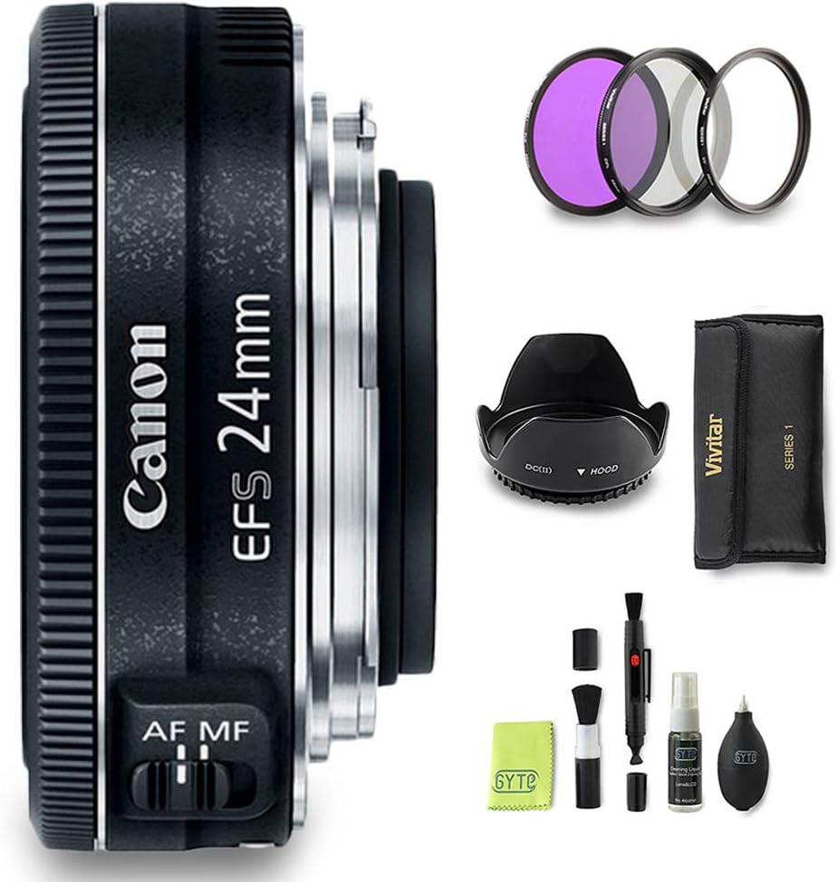 GYTE Bundle | Canon Lens - EF-S 24mm f/2.8 STM - Pancake Lens for Canon DSLR Cameras + 3-Piece Filter Kit + Cleaning Set | Premium Accessories Bundle