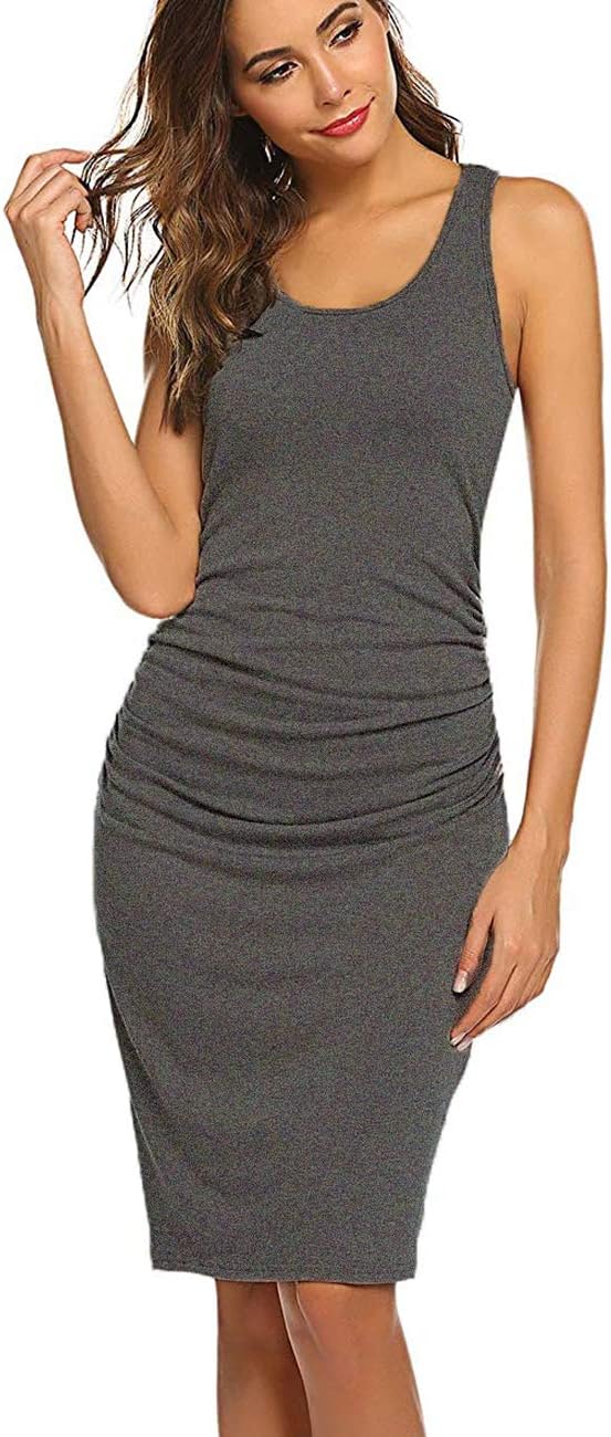 LuckyMoreWomens Ruched Bodycon Dresses Causal Summer Sexy Sleeveless Tank Short Mini Dress