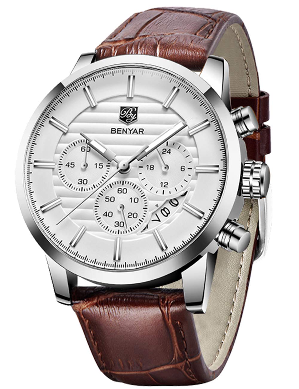BENYAR Mens Watches Quartz Chronograph Business Brand Waterproof Wristwatches Fashion Brown Leather Watches for Men (Leather Silver White) — image 1
