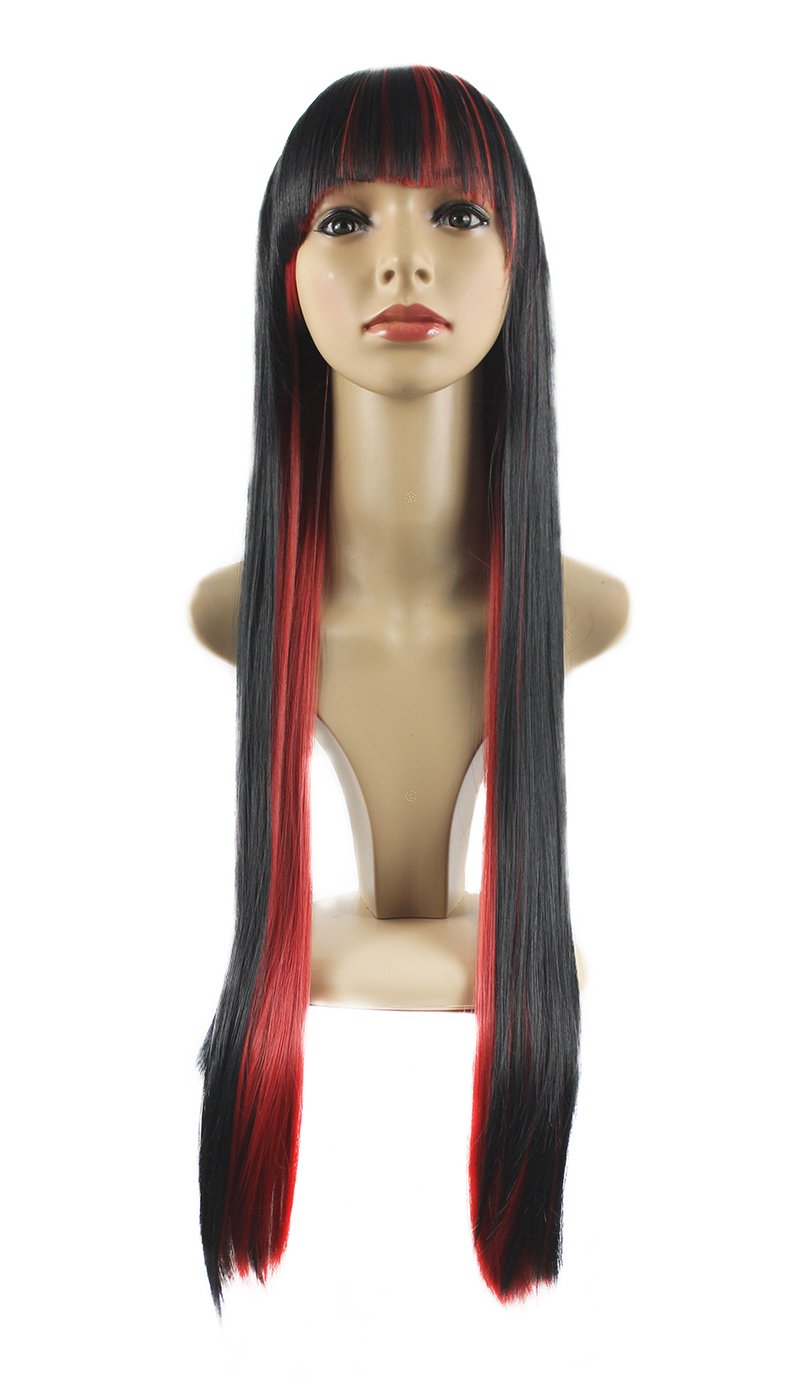 Xiaoyu 12"70cm Flat Bangs Mixed Black Red Long Female Straight Cosplay Wig