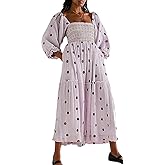 Willow Dance Women Casual Bohemian Floral Dress Square Neck Ruffle Swing A Line Long Sleeve Beach Maxi Dress with Pockets