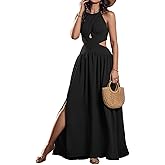 CHICME Women's Sleeveless Halter Neck Dress Criss Cross Tie Back Split High Maxi Dress