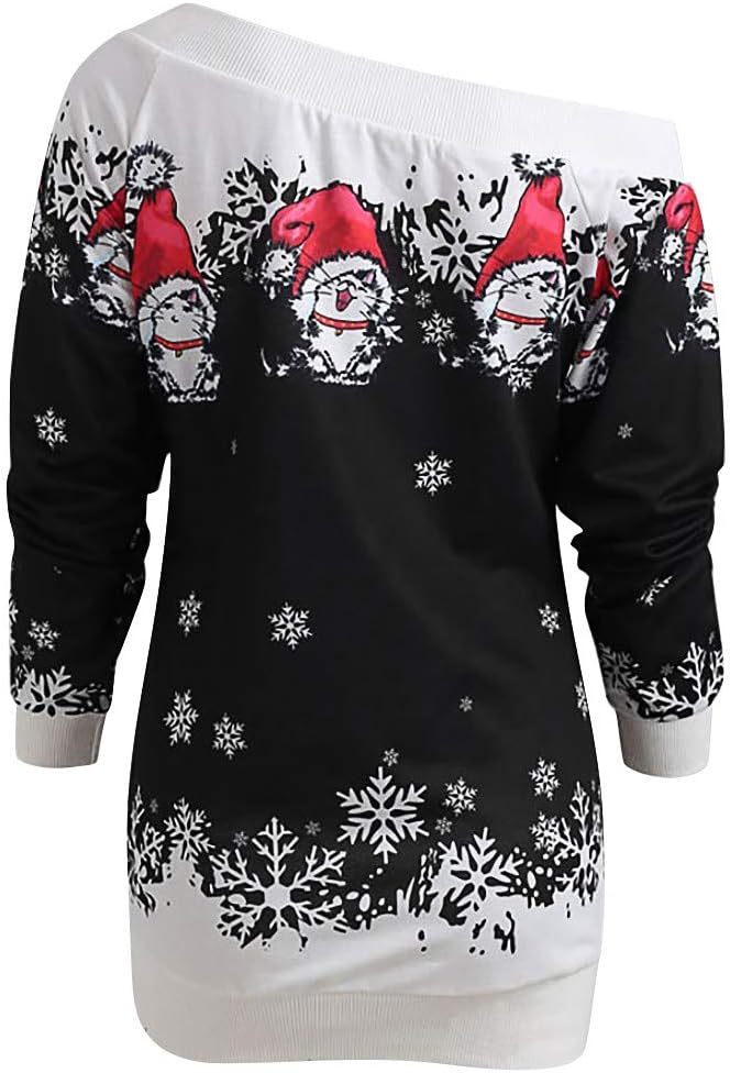 Moonuy Festive Christmas Stylish Design Sweatshirt Party Dress for Christmas Party Decoration Fashion Women Christmas Santa Snowflake Printed Tops Off Shoulder Asymmetric Sweatshirt