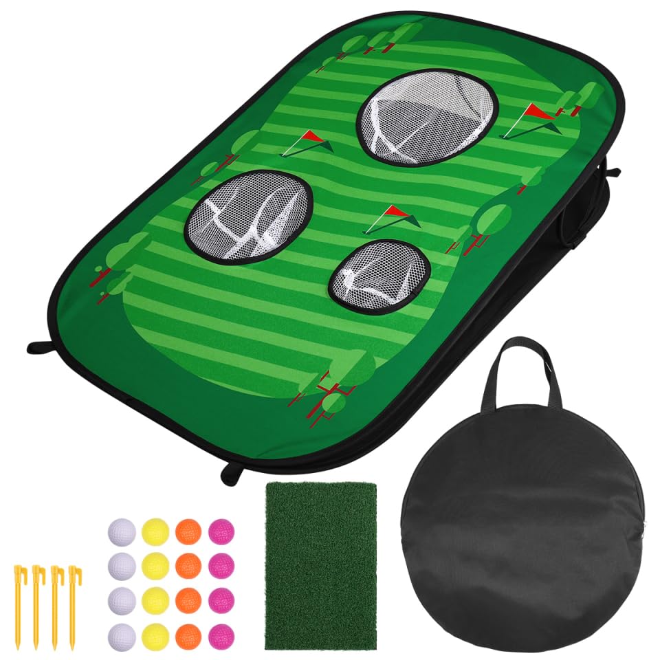 CLISPEED Golf Chipping Game: Pop Up Foldable Practice Net and Hitting Mat Set - Training Accessories for Adults Kids Summer Backyard Lawn Outdoor Activities Includes Balls