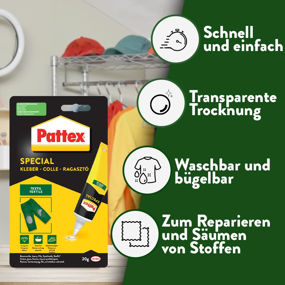 Pattex Spezialkleber Textil, wasch- und bügelbeständiger Textilkleber, Stoffkleber für Baumwolle, Leder, Jeans und mehr*, schnell trocknender Kleber, 20g 5