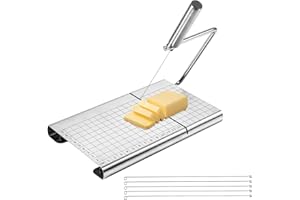Cheese Slicer Board with 5 Replacement Wires, Stainless Steel Cheese Cutting Board with Measurement Grid Non-Slip Feet for Bu
