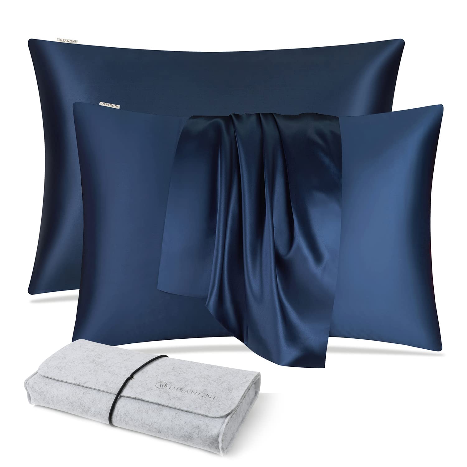 DISANGNI 100% Natural Mulberry Silk Pillow case for Hair and Skin with Hidden Zipper 22 Momme Both Sides Real Silk Pillow Case (2pc 51x66cm, Blue)