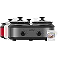 KOOC Double Small Slow Cooker, Buffet Server and Warmer, 2 Mini Pots with 3 Individual Adjustable Temp, Dual Ceramic Pots, Free Liners for Easy Clean-up, Stainless Steel, Total 2.5 Quart, Grey, Round