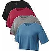 Femdouce 4 Pack Women's Workout Crop T Shirts Cotton Round Neck Short Sleeve Tops Trendy Casual Athletic Running Tees