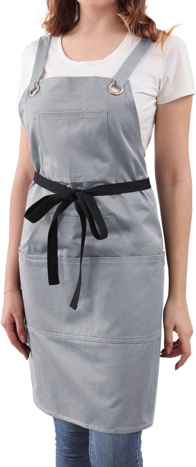 Soft Cotton Apron, Cross Back + Fasten Buckle for Artist Kitchen Cooking (100% Cotton - Soft Sturdy - Refined High Density, Gray)
