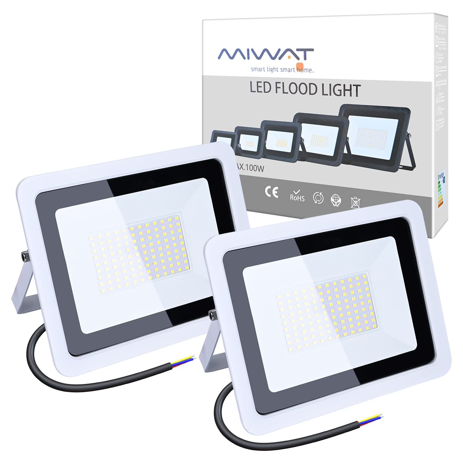 Ubanner (2 Pack 220V LED Flood Light,Cool White, IP68 Waterproof Super Bright Security Lights, Outdoor Floodlight for Yard, Garden, Playground, Basketball Court [Energy Class A+] (100W)