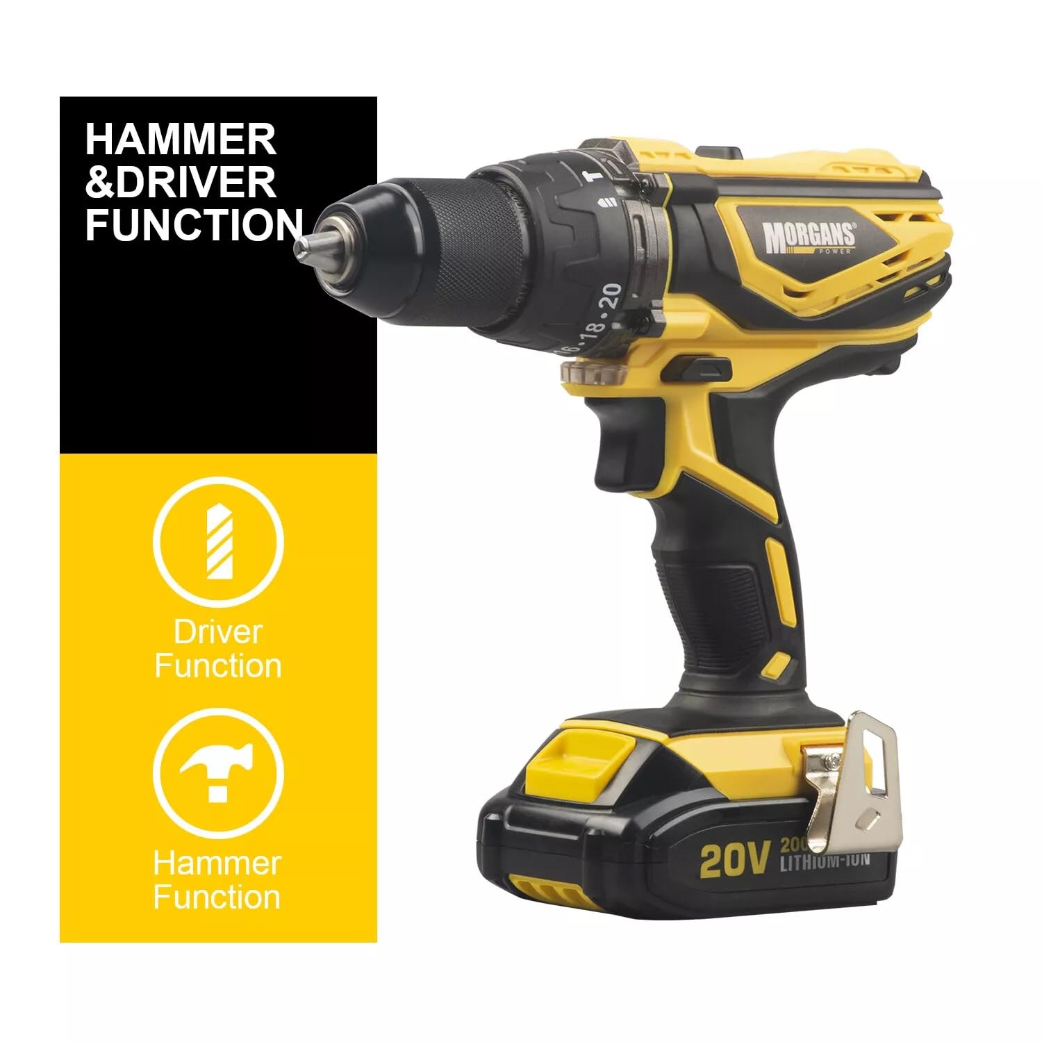 Morgans Power 20V Cordless Drill Driver Set, 2-Speed Electric Screwdriver with LED Light, 13mm Keyless Chuck, Variable Speed Trigger, Li-ion Battery, Charger, Bits and Carry Case