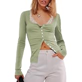 Outfeel Women Ribbed Knit T-Shirt Tops Long Sleeve Button Down Stretchy Slim Fit Scoop Neck Blouse