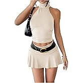 Verdusa Women's Y2k Skirt Sets 2 Piece Outfits Going Out Set Backless Halter Top and Ruffle Mini Skirt Sets