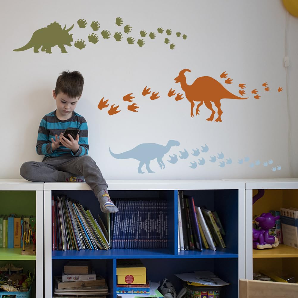 SUPERDANT Dinosaur Wall Decals Dinosaur Themed Wall Stickers Dinosaurs' Paw Print Vinyl Art Dinosaur Clings Removable Decals Peel and Stick DIY Wall Art for Kid's Boy's Room