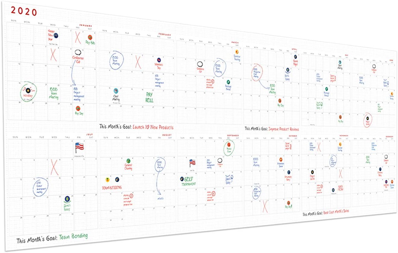 Large Dry Erase Wall Calendar - 36" x 96" - 2020 Dated Giant Yearly Whiteboard Poster - Annual Year Planner - Laminated Office Jumbo 12 Month Calendar