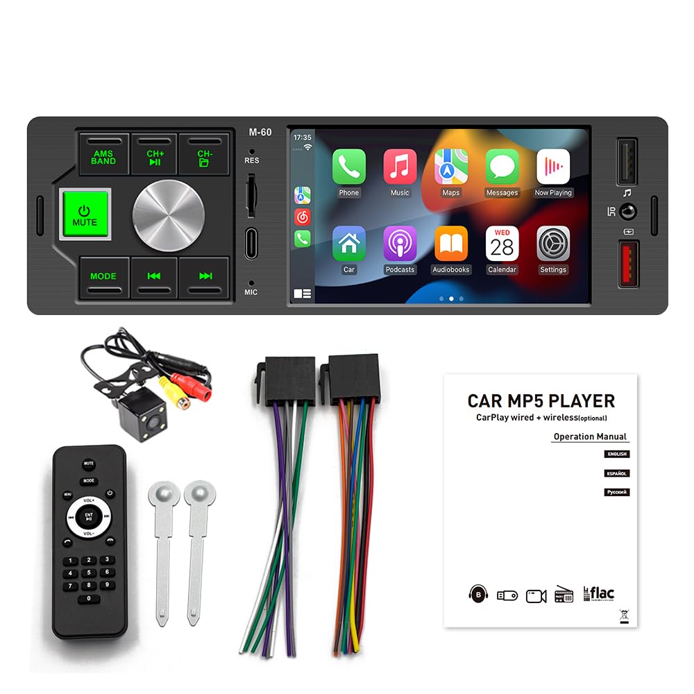 VIGORFLYRUN PARTS LTD Car Radio Audio MP5 with Wired Carplay Android Auto, 1 Din Bluetooth Handsfree Car Radio 4.1 inch HD Screen USB/AUX/Type-C Remote Control Mirror Link Rear Backup Camera