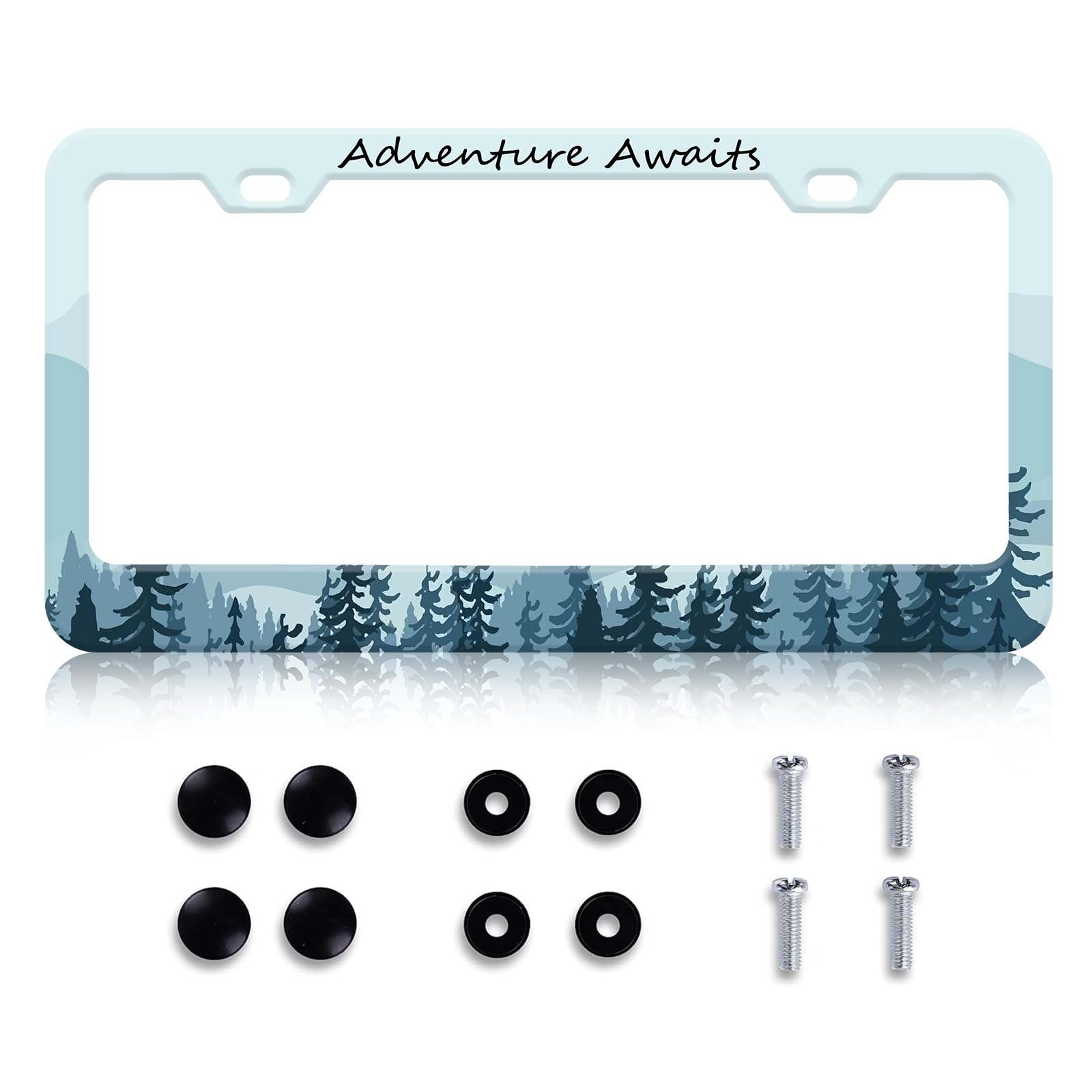 Photo 1 of HCSS Adventure Awaits License Plate Frame Mountains Forest Scenery License Plate Holder Universal Aluminum Metal Auto Parts Rust-Proof Waterproof Car Decorative Tag Frame for Standard US 12x6 Inch