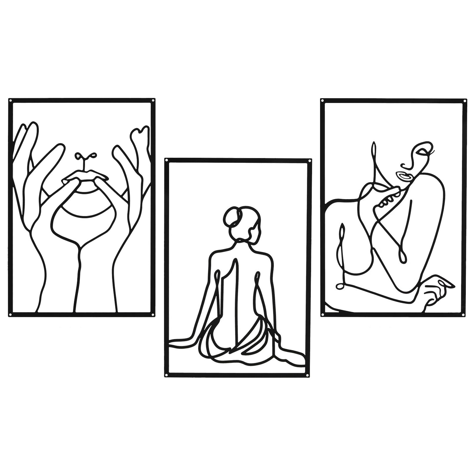 Huspox 3 Piece Metal Minimalist Wall Art, Female Framed Wall Decor for Bedroom Living Room Bathroom (Black)