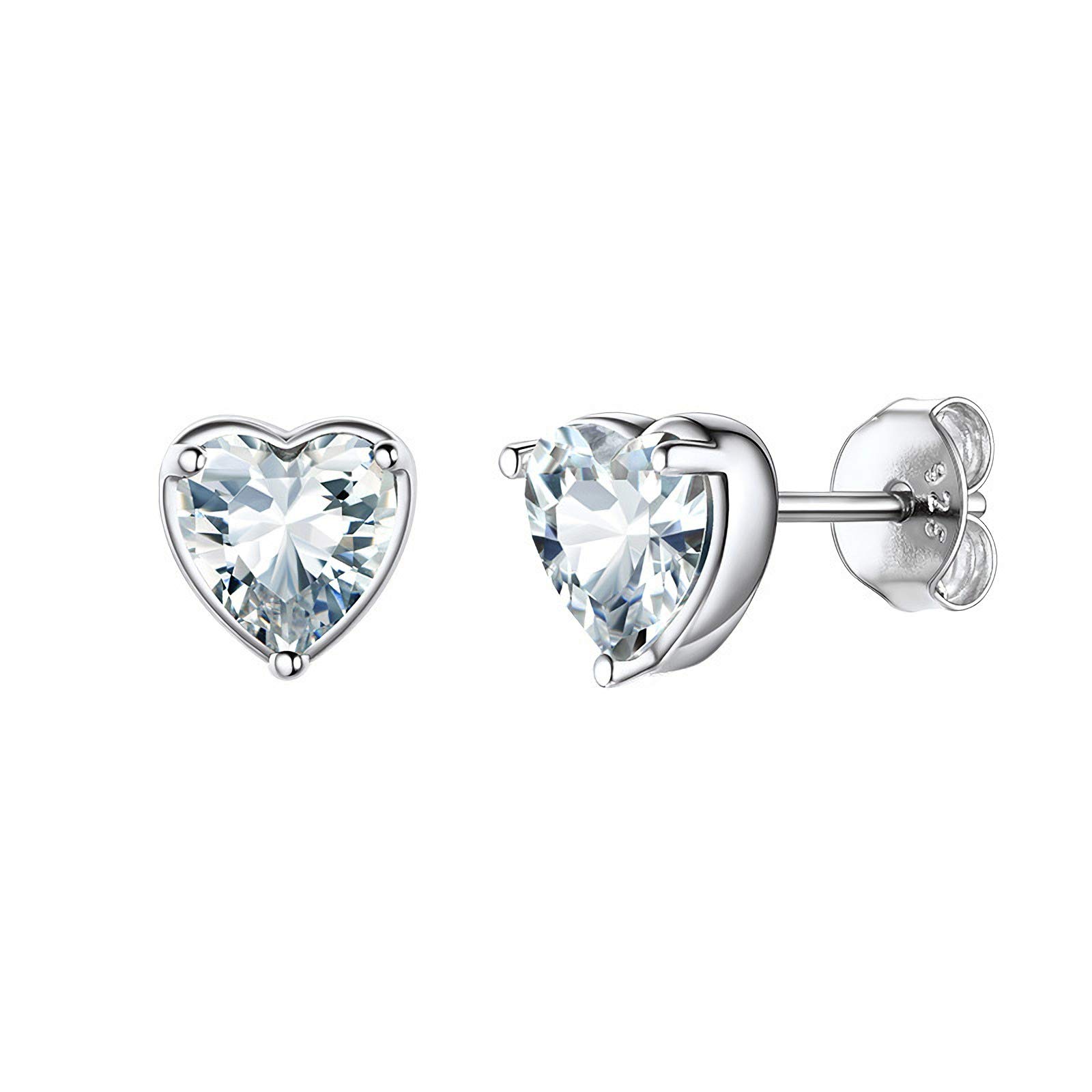 Shuxin Silver Heart Stud Earrings, 925 Sterling Silver, April Birthstone, 7mm Small Sleeper Cartilage Tragus Earrings for Wife, Girlfriend